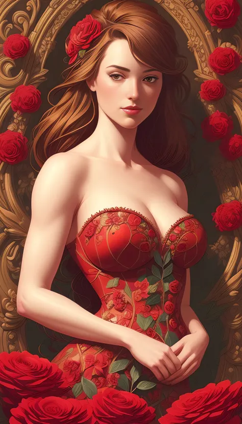 A beautiful detailed front view portrait of pretty girl with ornate growing around, covering breasts, ornamentation covering breasts, red flowers, elegant, beautifully lit, artgerm, joshua middleton comic art