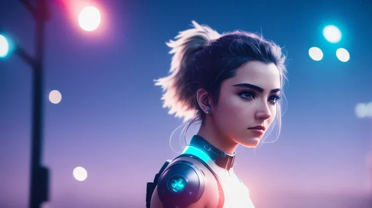 ((film grain, bokeh, light particles ,dust motes, extreme camera angle.)), dynamic pose, full body photo of a young attractive broken cyborg female, eyebrow up, night, streetlamp, gray strand of hair