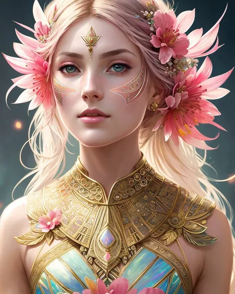 GLEN ORBIK (symmetry:1.1) (portrait of floral:1.05) a woman as a beautiful goddess, (assassins creed style:0.8), pink and gold and opal color scheme, beautiful intricate filegrid facepaint, intricate, elegant, highly detailed, digital painting, artstation, concept art, smooth, sharp focus, illustration, art by greg rutkowski and alphonse mucha, 8k