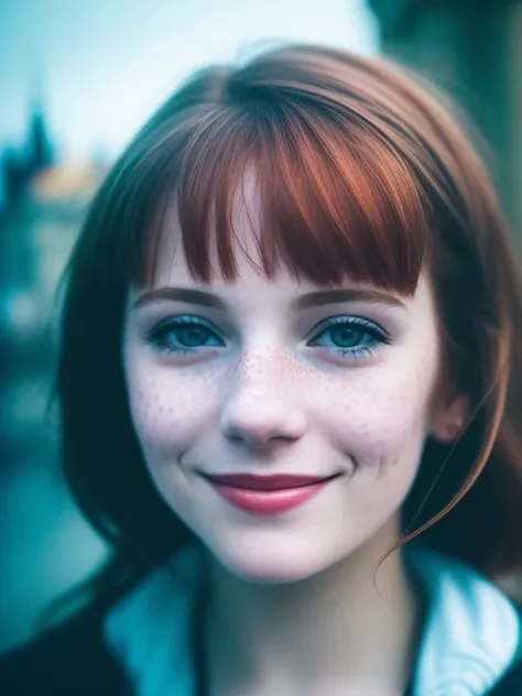 a close up portrait of a smiling ginger, prague in the background, slate atmosphere, cinematic, dimmed colors, dark shot, muted colors, film grainy, lut, insane details, intricate details, [[freckles]]
