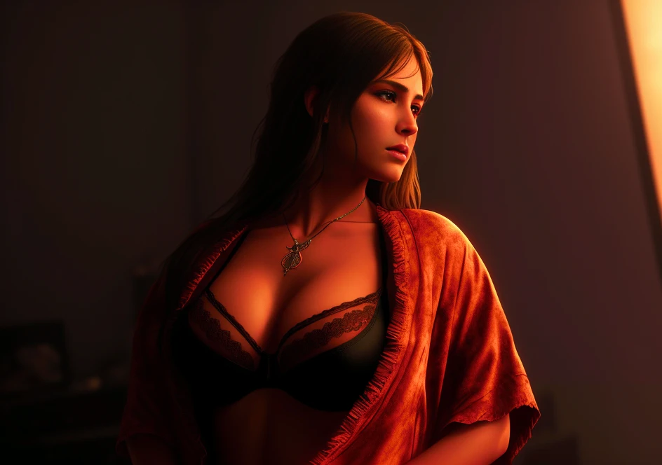 1girl, solo, breasts, bra, underwear, realistic, jewelry, necklace, large breasts, lingerie, cleavage, open clothes, looking to the side, long hair, brown hair, looking away, black bra, epic realistic, faded, (((hdr))), hyperdetailed, cinematic, midjourney style,  [[[close up]]], art by rutkowski, sharp focus