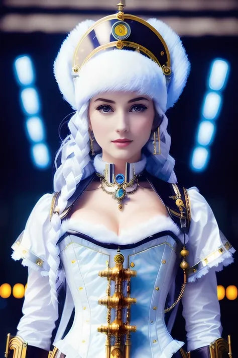 young beautiful lady, Grace Kelly, (girl as beautiful sexy Lady Mechanika AND Snow maiden), (((white colored clothes))), masterpiece, (realistic), photorealistic, best quality, (highres), detailed, (intricate), (subsurface scattering), baroque city, highly detailed, sharp focus, sunset, ((steampunk)), (leather bolero), victorian leather clothes, full mechanical upper and lower arms and hands, corset, (leather collar), cinematric light, (looking in camera), victorian era, cinematography, crafted, elegant, meticulous, maximum details, extremely hyper raesthetic, intricately detailed