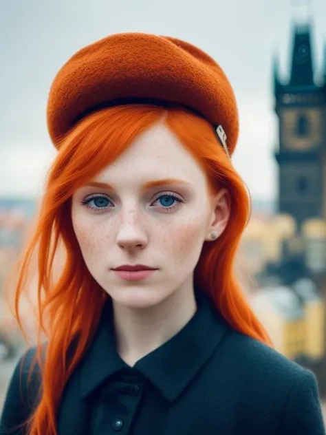 a close up portrait of a ginger, prague in the background, slate atmosphere, cinematic, dimmed colors, dark shot, muted colors, film grainy, lut, insane details, intricate details, [[freckles]]