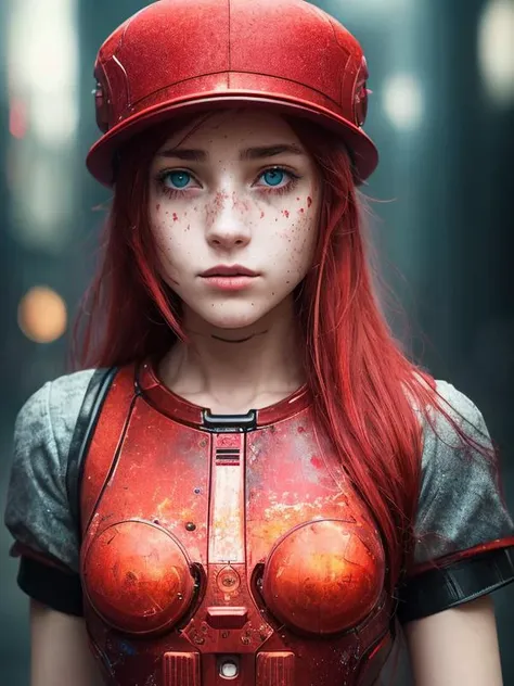 a red hat cyborg girl, ((((cinematic look)))), soothing tones, insane details, intricate details, hyperdetailed, exposure blend, hdr, freckles