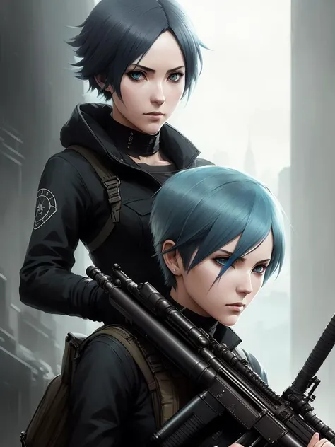 woman, dark art, surrealism, dramatic, greg rutkowski, 1girl, a girl with short light blue hair sits behind bags and aims a sniper rifle, anime, high detail, more details, dramatic, by artgerm, by greg rutkowski, god ray, vignette