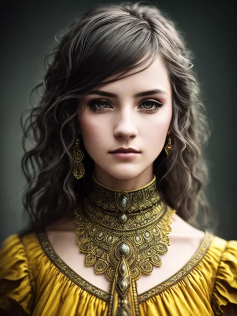woman in (dreampunk style:1.1), yellow dress, a close-up, in front of camera, piercing gaze, (slight smile:1.2), rim light, low contrast, extra sharp
depth of field, sharp focus, clean design, octane render, insane details, intricate details, hyperdetailed, photorealism, extradetailed, photorealistic,
cinematic, slate gray atmosphere, soft cinematic light, adobe lightroom, photolab, hdr, intricate,
in front of camera, highly detailed, extreme image quality,
art by Gustav Dor� style