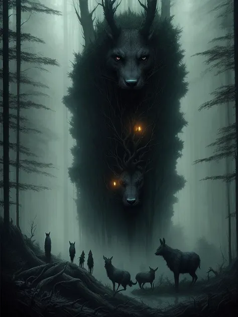 animals in dark forest, dark art, surrealism, dramatic, greg rutkowski