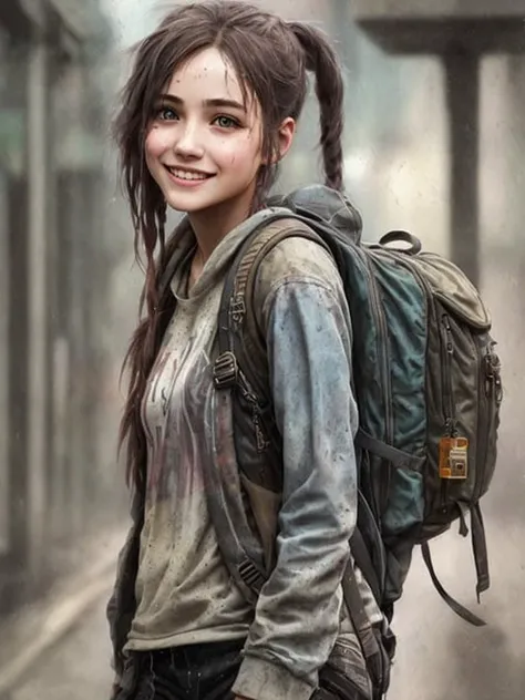 a young woman, street smiling, backpack, ponytails, epic realistic, photo, faded, complex stuff around, intricate background, soaking wet, neutral colors, ((((hdr)))), ((((muted colors)))), intricate scene, artstation, intricate details, vignette