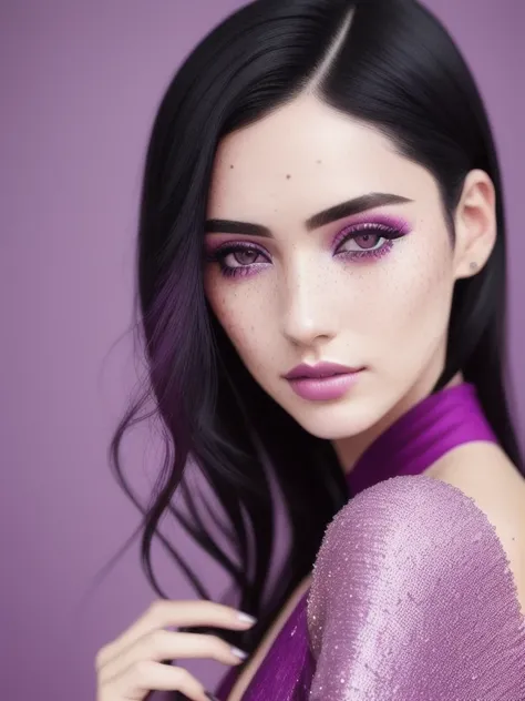 a photo close-up of a beautiful black haired woman with freckles, fashion editorial, studio photography, magazine photography, pointed nose, wearing pink and purple colors, stunning, elegant, 8k, intricate, hyperdetailed, HD, blurry background, intricate details, cinematic