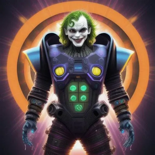 Portrait of a cybernetic Joker a spiritual full body Tortoise, sunburst arround head, deadly face with power armor, ultra realis