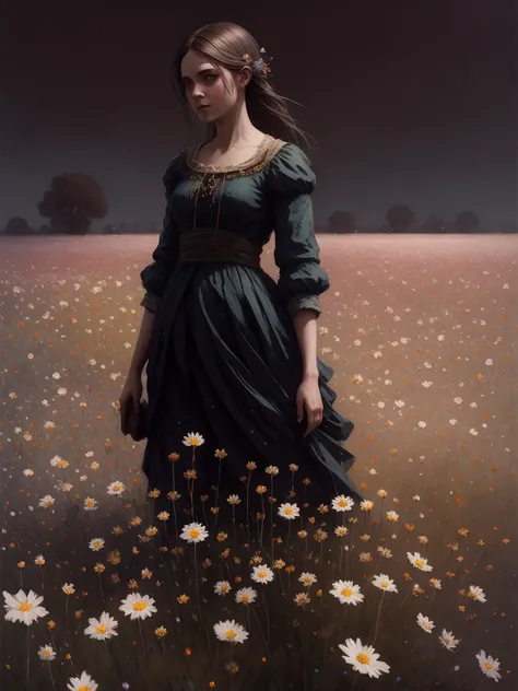 night, girl on flowers field, high detail, art by greg rutkowski, popular from artstation, stunning, highly detailed, 8k, ornate, intricate, cinematic, dehazed, atmospheric, (oil painting:0.75), (splash art:0.75),(teal:0.2),(orange:0.2), (by Jeremy Mann:0.5), (by John Constable:0.1),(by El Greco:0.5),(acrylic paint:0.75)