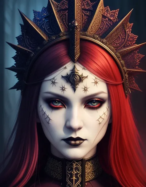 Satanic priestess Concept art portrait by Casey Weldon, Olga Kvasha, Miho Hirano, hyperdetailed intricately detailed gothic art trending on Artstation triadic colors, textured skin, cold skin pores,  Unreal Engine 5 detailed matte painting, deep color, fantastical, intricate detail, splash screen, complementary colors, fantasy concept art, 8k resolution, gothic deviantart masterpiece