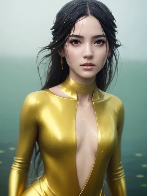 8k portrait of beautiful young woman face half submerged in a misty lake, intricate, elegant, highly detailed, majestic, digital photography, art by artgerm ruan jia and greg rutkowski surreal wet paint gold ribbons with filigree, broken glass