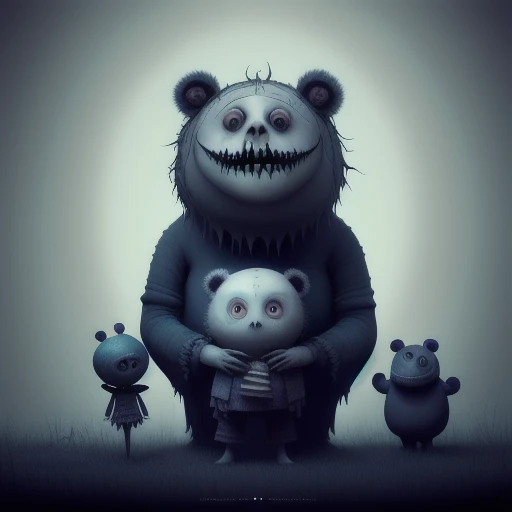 A nightmare by tim burton, Masha and the Bear in the Fog, v-ray octane, highly detailed by artgem, art, trending artstation, blender, vivi