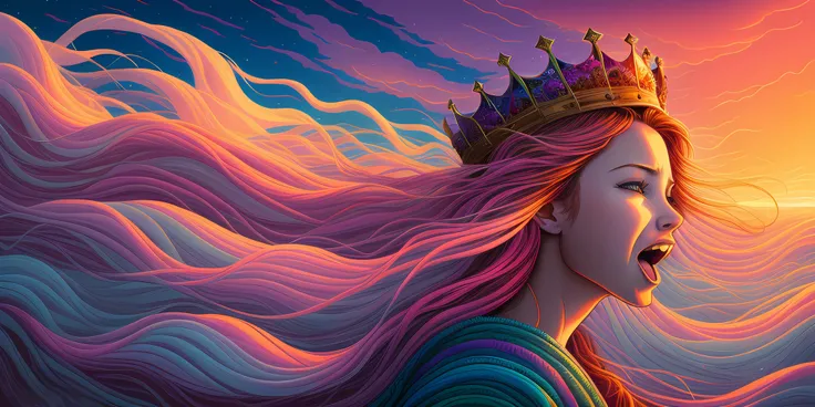 art by dan mumford . a screaming girl with a crown on her head and luxurious hair flowing in the wind gradient color . vivid colors . swirling clouds, fantastic, patterns . intricate detail