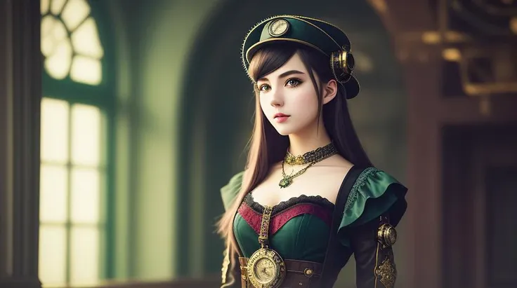 the middle plan, portrait beautiful girl 20 yo, in the steampunk style, cinematic, (((hdr))), crafted, elegant, meticulous, magnificent, maximum details, extremely hyper aesthetic, intricately detailed