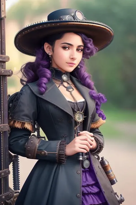 close up, cute latino girl, long black dress with puple parts and mechanic gears and leather insert, skinny, coat, (victorian era), ((steampunk)), cinematography, crafted, elegant, meticulous, magnificent, maximum details, extremely hyper aesthetic, intricately detailed, bokeh steam station background, ((field of depth)), ((three quarters shot))