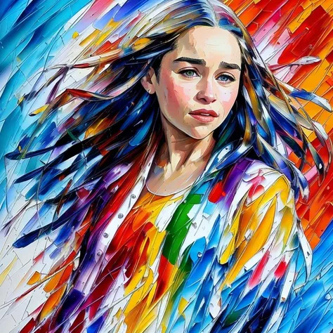 Emilia Clarke painted in afremov style,  [(colorful explosion psychedelic paint colors:1.2)::0.25], impressionist style, brushstroke painting technique, palette knife painting, an expressive oil painting