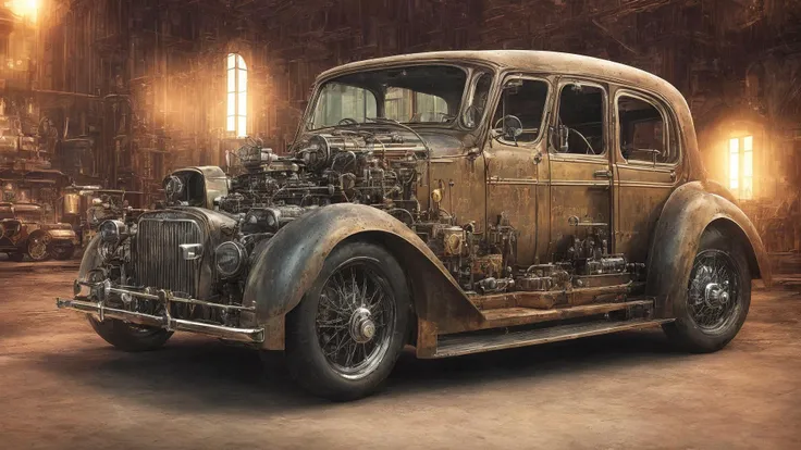 the middle plan, a car, in the steampunk style, cinematographic, (((hdr))), crafted, elegant, meticulous, magnificent, maximum details, extremely hyper aesthetic, intricately detailed