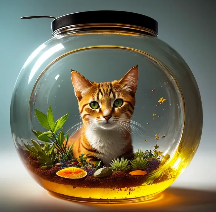 Photo of 1cat inside a big glass jar half filled with a yellow liquid, bubbles, herb, spices, ingredients, laboratory in backdrop, wildlife photography, photograph, high quality, wildlife, richly layered composition, hyper realistic, intricate detailed, detailed intricate environment, high resolution, sharp focus, precisionism, ambient occlusion, subsurface scattering, octane render, art by artgerm and alphonse mucha, Behance HD, CGSociety, trending on Artstation, art by midjourney, cinematic light, volumetric lighting, Megapixel Cinematic Lighting, Anti-Aliasing, FKAA, TXAA, RTX, SSAO, Post Processing, Post-Production, Tone Mapping, CGI, VFX, SFX