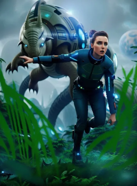 a frightened 30 year old woman in a futuristic spacesuit runs through an alien jungle from a (((terrible huge ugly beast))) against the background of two moons
artstation, cinematic, insane details, intricate details, hyperdetailed, ((hdr)), ((vignette))