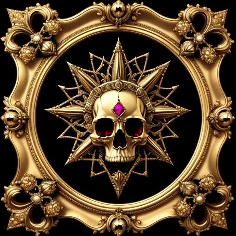 jeverly of satan, golden frame, rubies, diamonds, (ivory skulls:1.2), pentagram, black velvet background, ultra detailed, dramatic, intricate, elegant, highly detailed, digital painting, artstation, concept art, smooth, sharp focus, illustration, art by gustave dore, octane render, Jewelry design