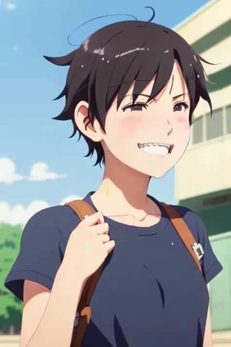 portrait of a tomboy girl with short black hair, messy hair, ((sweaty)), (smile:. 0.8), (((mouth closed, closed mouth))), earclips, by key visual makoto shinkai Kyoto animation
