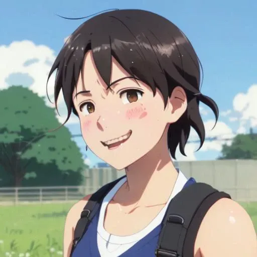 portrait of a tomboy girl with short black hair, messy hair, ((sweaty)), (smile:. 0.8), (((mouth closed, closed mouth))), earclips, by key visual makoto shinkai Kyoto animation