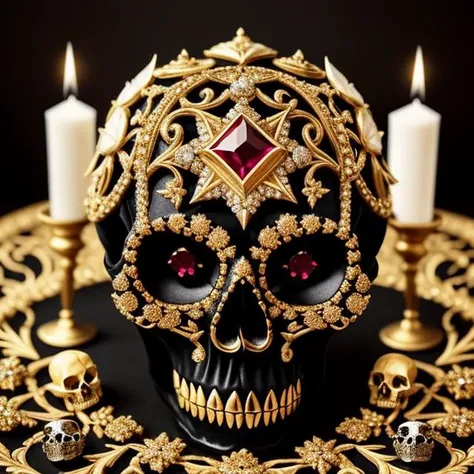 jeverly of satan, Gold leaf, rubies, diamonds, (ivory skulls:1.2), pentagram, black velvet background,  ultra detailed, dramatic, intricate, elegant, highly detailed, artstation, smooth, sharp focus, octane render, Jewelry design