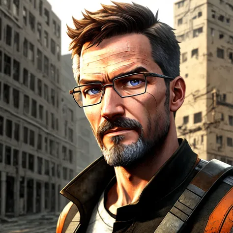 masterpiece, (Gordon freeman), highly detailed eyes and hair, hdr light, ruin city background,