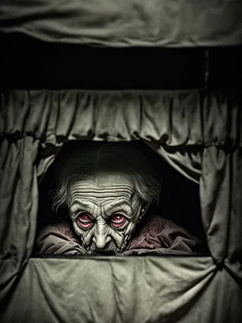 underneath the bed, a scariest old lady ever, is watching you, creepy, from the dark, very dark, black sheets, cinematic, dimmed colors, dark shot from the bottom, muted colors, grainy, lut, spooky