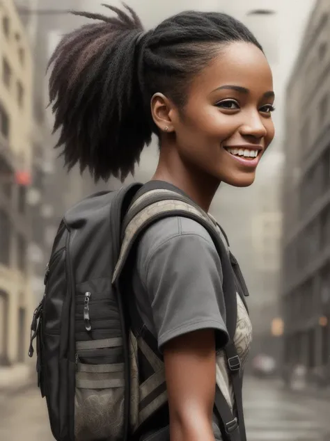 a  black woman, street smiling, backpack, ponytails, epic realistic, photo, faded, complex stuff around, intricate background, soaking wet, neutral colors, ((((hdr)))), ((((muted colors)))), intricate scene, artstation, intricate details, vignette