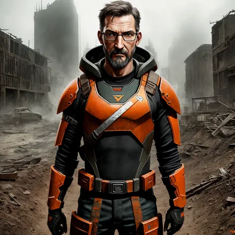 masterpiece, movie art, (Gordon freeman), in battle armor suit with logo on chest, crowbar in one hand, 35years old, highly detailed eyes and hair, hdr light, fog, dirt on clothing, camera from back, ruin city background,