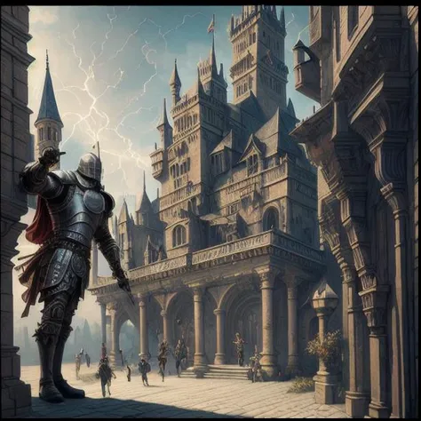 medieval knight in shining armor with cyberpunk style monograms, castle on the background, helmet, armor, sword, shield, brutality, glare, rogue, lightning, fantasy, magic, electricity, male, dnd character portrait, intricate, oil on canvas, masterpiece, expert, insanely detailed, 4k resolution, john william waterhouse, charlie bowater, agnes cecile, wassilly kandinsky, composition, framing, chiarocscuro , richly layered composition, hyper realistic, intricate detailed, detailed intricate environment, high resolution, sharp focus, precisionism, ambient occlusion, subsurface scattering, octane render, art by artgerm and alphonse mucha, Behance HD, CGSociety, trending on Artstation, art by midjourney, cinematic light, volumetric lighting, Megapixel Cinematic Lighting, Anti-Aliasing, FKAA, TXAA, RTX, SSAO, Post Processing, Post-Production, Tone Mapping, CGI, VFX, SFX