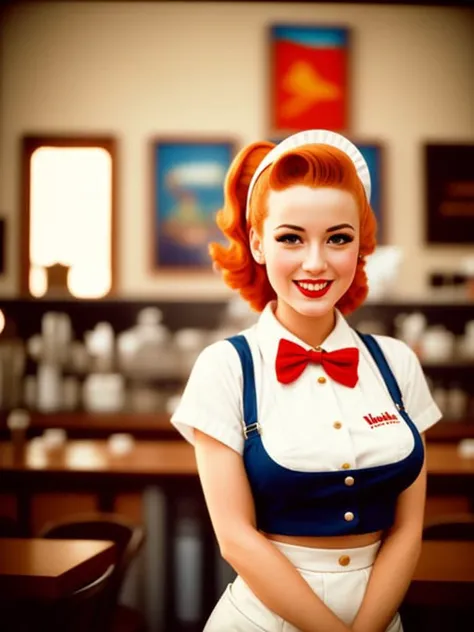 waitress, pinup, art style, kodak portra 400, cinematic, [[[smiling]]], [[[close up]]]