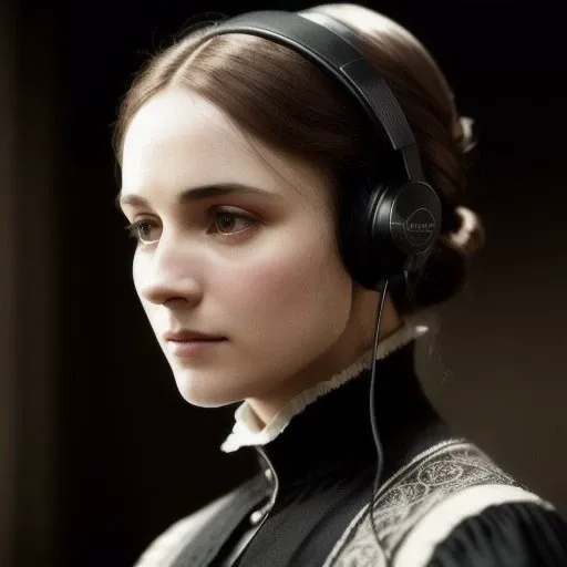 Jane Eyre with headphones, natural skin texture, 24mm, 4k textures, soft cinematic light, adobe lightroom, photolab, hdr, intricate, elegant, highly detailed, sharp focus, ((((cinematic look)))), soothing tones, insane details, intricate details, hyperdetailed, low contrast, soft cinematic light, dim colors, exposure blend, hdr, faded, slate atmosphere