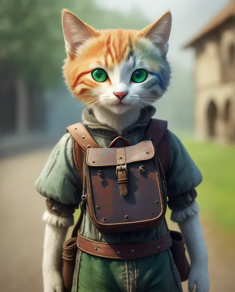 poor a young humanoid cute cat,weathered greasy dirty damaged old worn clothes,green ears,red short hair, street smiling, big medieval  adventure backpack,sun dey,d&d,rpg, epic realistic, photo, faded, complex stuff around, intricate background, soaking wet, neutral colors, ((((hdr)))), ((((muted colors)))), intricate scene, artstation, intricate details, vignette,(((medieval))),