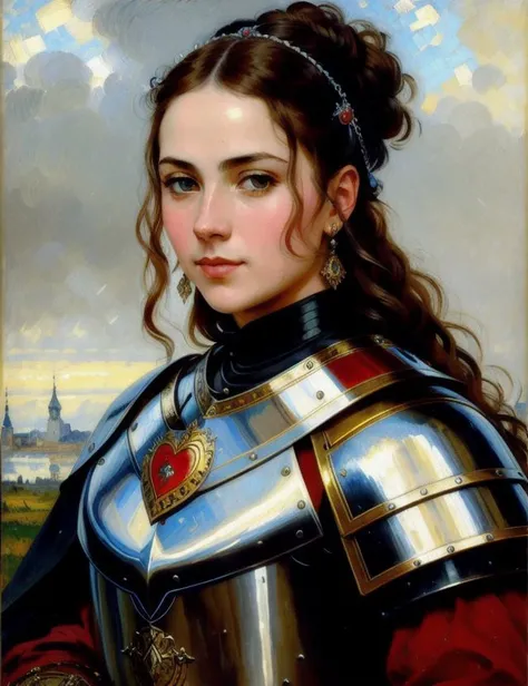 portrait of a 35-year-old European woman in full steel knight armor, highly detailed, heart professional majestic oil painting by Vasily Surikov, Victor Vasnetsov, Konstantin Makovsky, trending on ArtStation, trending on CGSociety, Intricate, High Detail, Sharp focus, dramatic, photorealistic