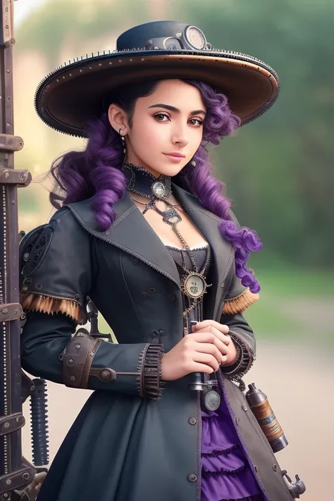 close up, cute latino girl, long black dress with puple parts and mechanic gears and leather insert, skinny, coat, (victorian era), ((steampunk)), cinematography, crafted, elegant, meticulous, magnificent, maximum details, extremely hyper aesthetic, intricately detailed, bokeh steam station background, ((field of depth)), ((three quarters shot))
