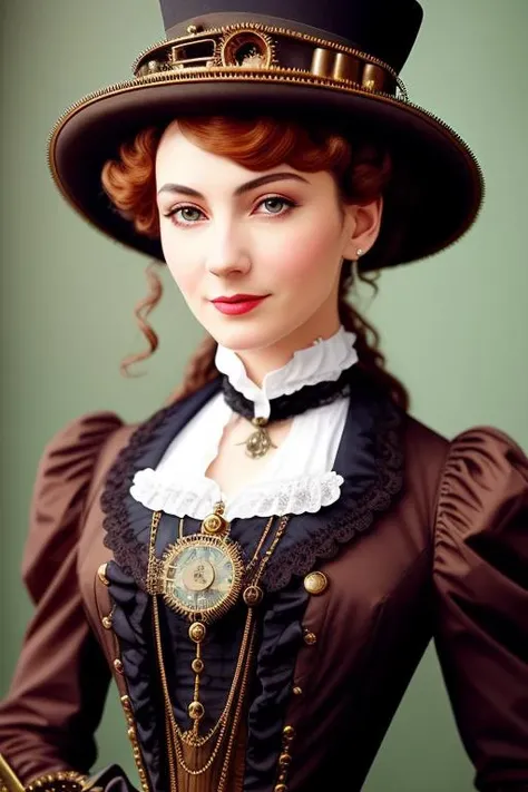close up, lady in the hat, victorian era, ((steampunk)), cinematography, crafted, elegant, meticulous, magnificent, maximum details, extremely hyper aesthetic, intricately detailed