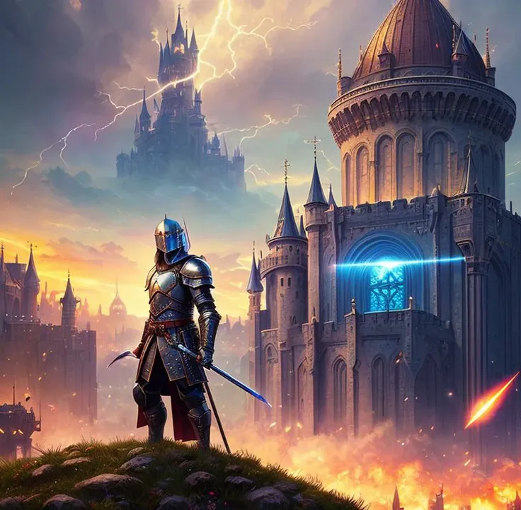 medieval knight in shining armor with cyberpunk style monograms, castle on the background, helmet, armor, sword, shield, brutality, glare, rogue, lightning, fantasy, magic, electricity, male, dnd character portrait, intricate, oil on canvas, masterpiece, expert, insanely detailed, 4k resolution, john william waterhouse, charlie bowater, agnes cecile, wassilly kandinsky, composition, framing, chiarocscuro
, richly layered composition, hyper realistic, intricate detailed, detailed intricate environment, high resolution, sharp focus, precisionism, ambient occlusion, subsurface scattering, octane render, art by artgerm and alphonse mucha, Behance HD, CGSociety, trending on Artstation, art by midjourney, cinematic light, volumetric lighting, Megapixel Cinematic Lighting, Anti-Aliasing, FKAA, TXAA, RTX, SSAO, Post Processing, Post-Production, Tone Mapping, CGI, VFX, SFX