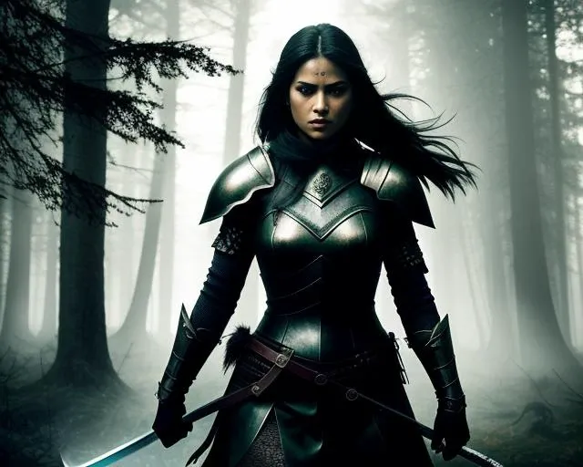 Imagine a striking oil painting, the brushstrokes bold and confident, the colors rich and deeply saturated. The painting depicts a fierce female warrior, her armor glinting in the light, as she stands tall and unafraid in the face of a monstrous creature.
The scene is set in a dark and twisted forest, the trees gnarled and twisted, their branches reaching out like clawed hands. The air is thick with mist, and the shadows are deep and menacing. The warrior's face is set in determination, her hand resting on the hilt of her sword, ready for battle.
The lighting is dramatic, the sun breaking through the canopy of twisted branches, casting dappled light on the warrior's face and armor, highlighting her strength and bravery. The monster is bathed in shadows, its form barely visible, its eyes glowing with an otherworldly light. The tension is palpable as the warrior and the monster face off in a showdown that will decide the fate of the forest and its inhabitants