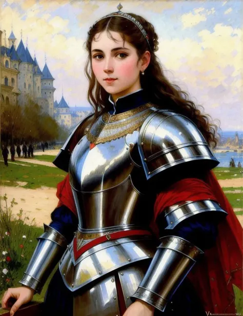 portrait of french women in full steel knight armor, highly detailed, heart professional majestic oil painting by Vasily Surikov, Victor Vasnetsov, Konstantin Makovsky, trending on ArtStation, trending on CGSociety, Intricate, High Detail, Sharp focus, dramatic, photorealistic