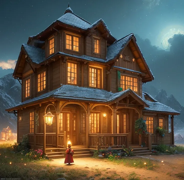 Russian lonely house Christmas. child with lantern, Warm, inviting and rustic., sf, intricate artwork masterpiece, ominous, matte painting movie poster, golden ratio, trending on cgsociety, intricate, epic, trending on artstation, by artgerm, h. r. giger and beksinski, highly detailed, vibrant, production cinematic character render, ultra high quality model
, richly layered composition, hyper realistic, intricate detailed, detailed intricate environment, high resolution, sharp focus, precisionism, ambient occlusion, subsurface scattering, octane render, art by artgerm and alphonse mucha, Behance HD, CGSociety, trending on Artstation, art by midjourney, cinematic light, volumetric lighting, Megapixel Cinematic Lighting, Anti-Aliasing, FKAA, TXAA, RTX, SSAO, Post Processing, Post-Production, Tone Mapping, CGI, VFX, SFX