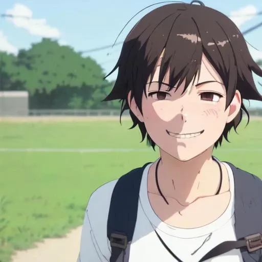 portrait of a tomboy girl with short black hair, messy hair, ((sweaty)), (smile:. 0.8), (((mouth closed, closed mouth))), earclips, by key visual makoto shinkai Kyoto animation