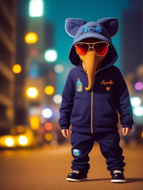 a tiny gangsta elephant, sun glasses, anthropomorphic wearing, fashion photography, night lights