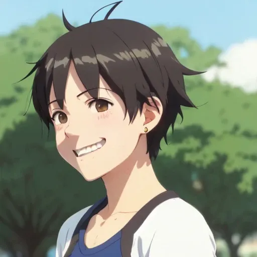 portrait of a tomboy girl with short black hair, messy hair, ((sweaty)), (smile:. 0.8), ((mouth closed)), earclips, by key visual makoto shinkai Kyoto animation