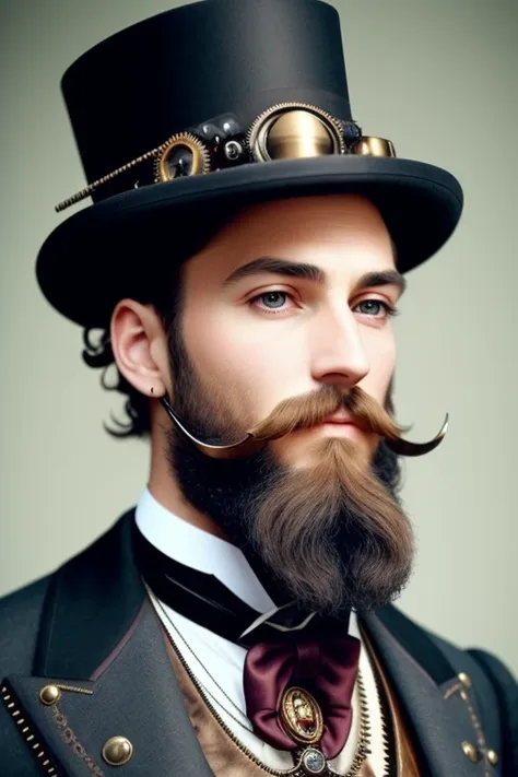 close up, gentelman in the hat with beard, victorian era, ((steampunk)), cinematography, crafted, elegant, meticulous, magnificent, maximum details, extremely hyper aesthetic, intricately detailed