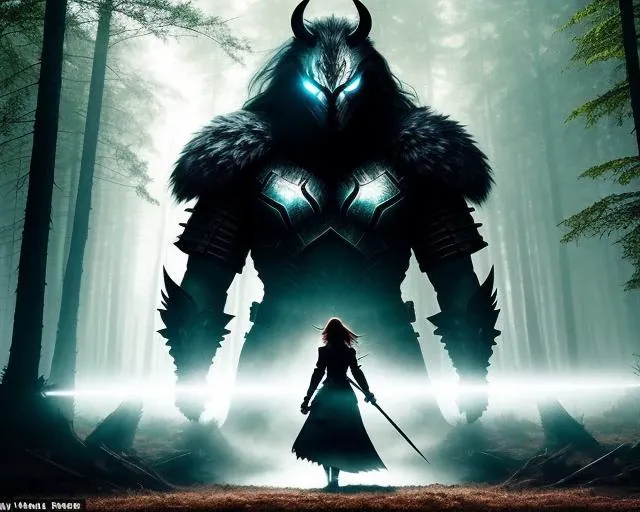 Imagine a striking oil painting, the brushstrokes bold and confident, the colors rich and deeply saturated. The painting depicts a fierce female warrior, her armor glinting in the light, as she stands tall and unafraid in the face of a monstrous creature.
The scene is set in a dark and twisted forest, the trees gnarled and twisted, their branches reaching out like clawed hands. The air is thick with mist, and the shadows are deep and menacing. The warrior's face is set in determination, her hand resting on the hilt of her sword, ready for battle.
The lighting is dramatic, the sun breaking through the canopy of twisted branches, casting dappled light on the warrior's face and armor, highlighting her strength and bravery. The monster is bathed in shadows, its form barely visible, its eyes glowing with an otherworldly light. The tension is palpable as the warrior and the monster face off in a showdown that will decide the fate of the forest and its inhabitants