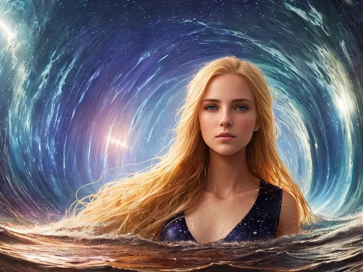 full long shot, (portrait:0.2) (standing) beautiful blonde 18yo girl shocked, inside the water waves tunnel, stars blackhole background, wet, sunrays, insane details, cinematic, epic realistic, intricate details, hyperdetailed, high quality,RAW, by greg rutkowski